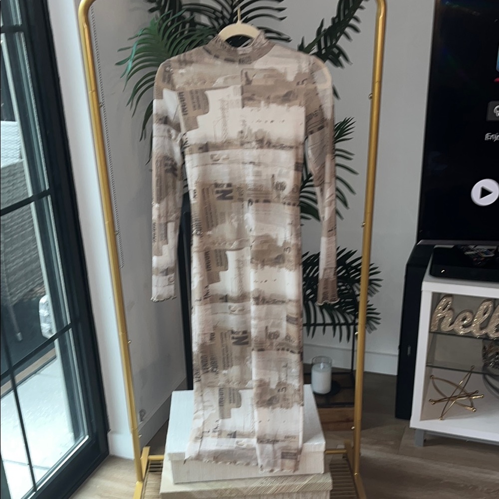 Forever 21 Tan and Brown Midi Dress with Abstract Pattern